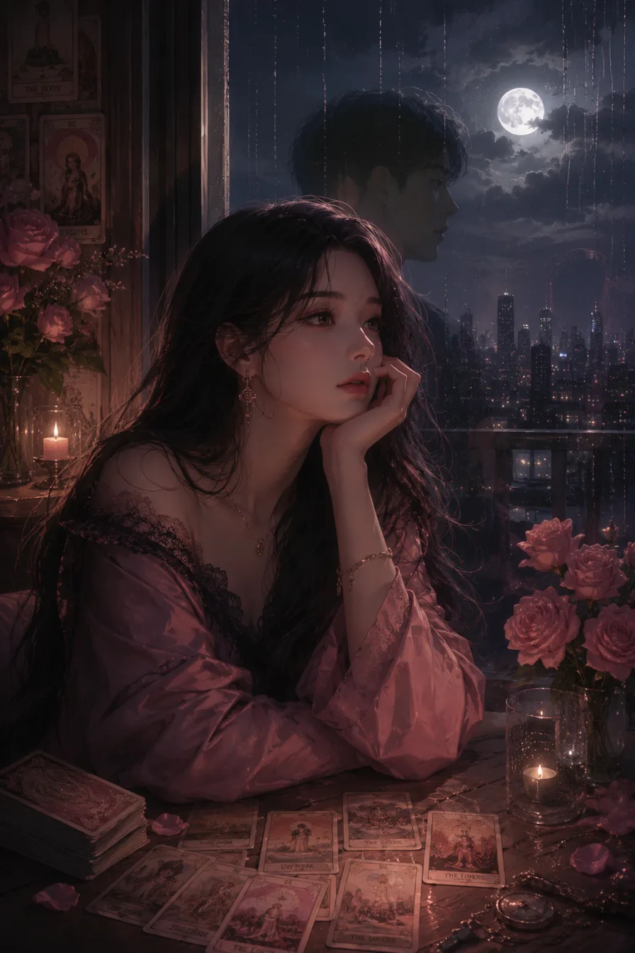 비 오는 밤 창가에서 헤어진 그 사람을 떠올리며 재회 타로를 보는 여성 일러스트 — 창에 비친 연인의 실루엣과 보름달